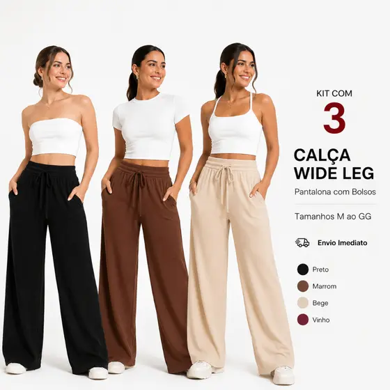 Kit 3 Calça Canelada Pantalona Wide Leg Feminino Com Bolsos Cintura Alta Cordão