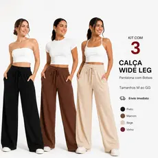 Kit 3 Calça Canelada Pantalona Wide Leg Feminino Com Bolsos Cintura Alta Cordão
