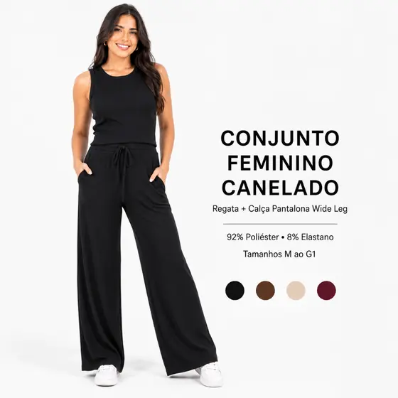 Conjunto Canelado Pantalona Wide Leg Com Bolso Regata Canelada Feminina