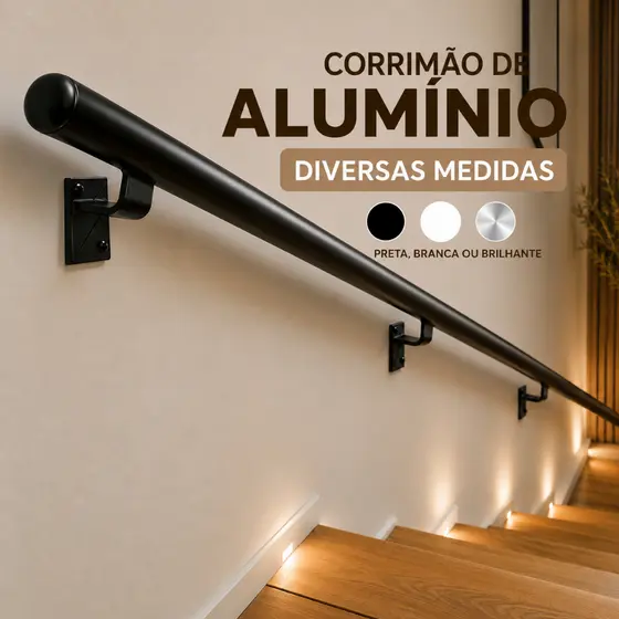 Corrimão de Alumínio - De 1,50mts até 6,00mts - Redondo - Kit completo -  Branco - Preto - Cor Inox