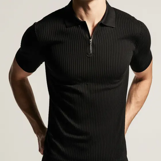 Camiseta Polo Canelada Manga Curta Com Ziper Masculina Malha Camisa Premium