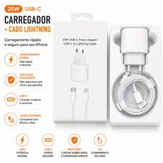 Carregador USB-C 25W Turbo Power Delivery + Cabo Lightning Compativel para iPhone Carga Rápida 11,12,13,14,15