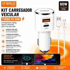 Carregador Veicular 60W H’Maston Turbo USB Tipo-C PD QC3.0 Carga Rápida Carro