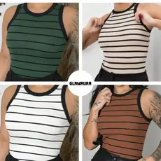 Kit 2 Camiseta Regata Feminina Listradas Canelada Nadador – Blusa Básica Ribana
