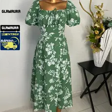 Vestido Floral feminino Longo Verão Glamaura Dividido na Coxa  com Amarração Frontal Soltinho Crep