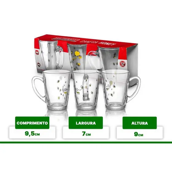 Caneca De Vidro decoradas com Abelhas e mel 3 Peças Cafe Cha Capuccino 210ML