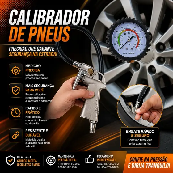 Calibrador E Inflador De Pneus Profissional Com Manômetro 220 PSI/07BAR Encaixe Rosca
