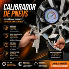 Calibrador E Inflador De Pneus Profissional Com Manômetro 220 PSI/07BAR Encaixe Rosca