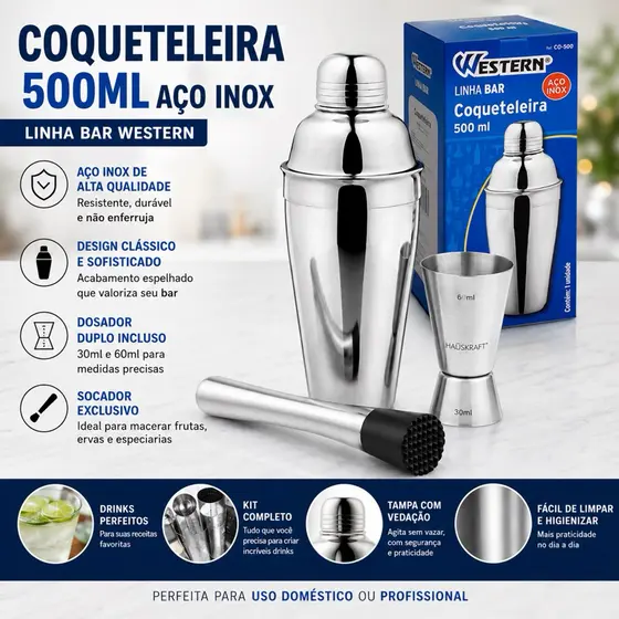 Coqueteleira Inox para Drinks Acompanha copo dosador Western Capacidade: 500Ml