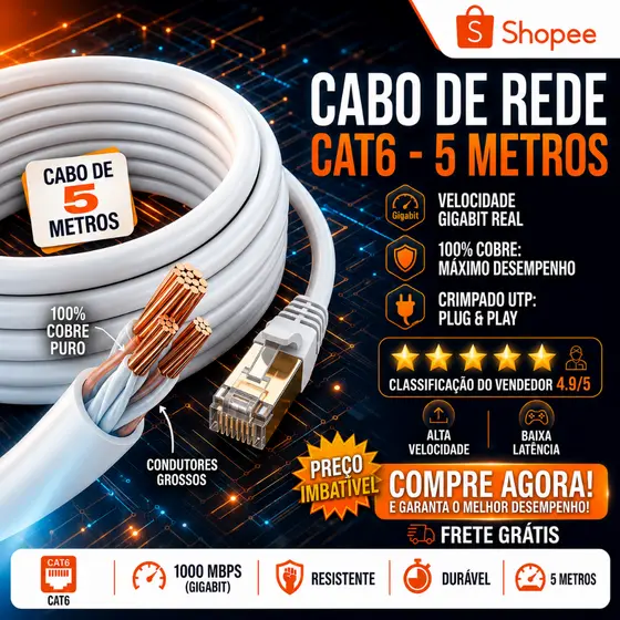 Cabo De Rede Cat6 5 Metros 100% Cobre Branco Crimpado Utp