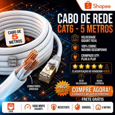 Cabo De Rede Cat6 5 Metros 100% Cobre Branco Crimpado Utp
