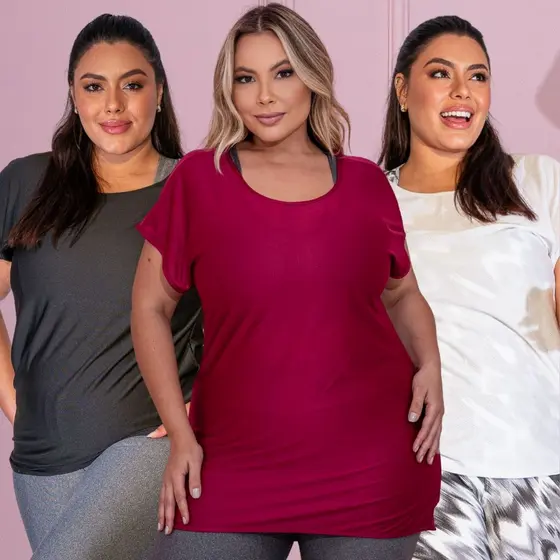Kit 3 Blusas T-Shirt Femininas Plus Size Academia Básica Seca Rápido Dry Fit Leve Casual Manga Curta