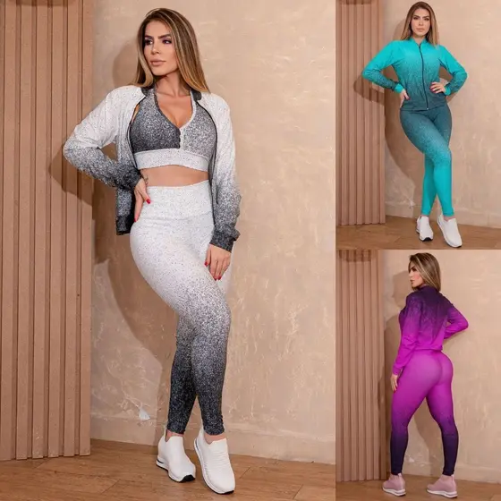 Conjunto Trio Fitness Feminino em Degradê com Casaco Bomber Calça Legging e Top com Bojo Removível