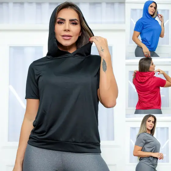 Blusa Feminina Fitness Dry Fit com Capuz Manga Curta Camiseta Academia Treino Tecido Furadinho Secagem Rápida