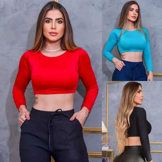 Cropped Feminino Manga Longa Sem Bojo Treinos Casual Dia a Dia Elegante Moda Luxo Conforto Promoção