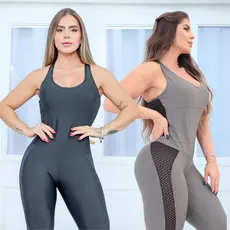 Macacão Academia Longo Feminino Fitness Decote nas Costas Recortes de Tela e Bojo Removível Oferta
