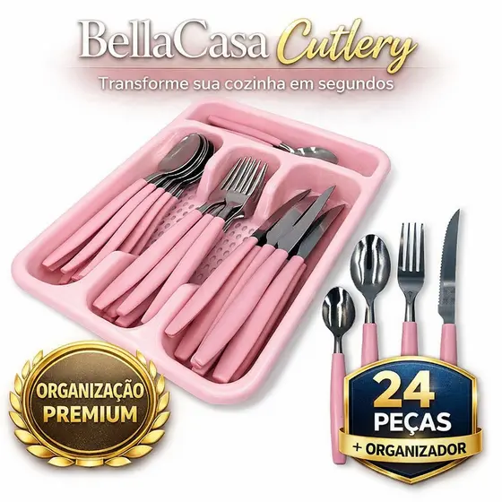 Faqueiro Talheres Inox Completo Com Organizadores Rosa Moderno Duravel