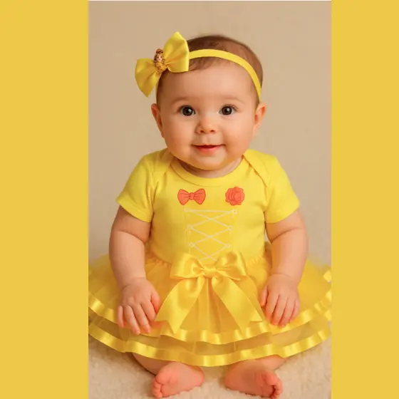 Body Bebê mesversario Menina A Bela e A Fera Temático+Laço+Tule