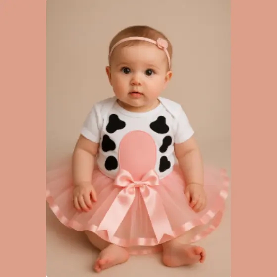 Body bebe mesversario menina Vaquinha com laço  e saia tuli mesersario menina