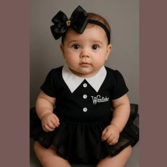 Body Bebe Wandinha Temático Mesversario fantasia Infantil