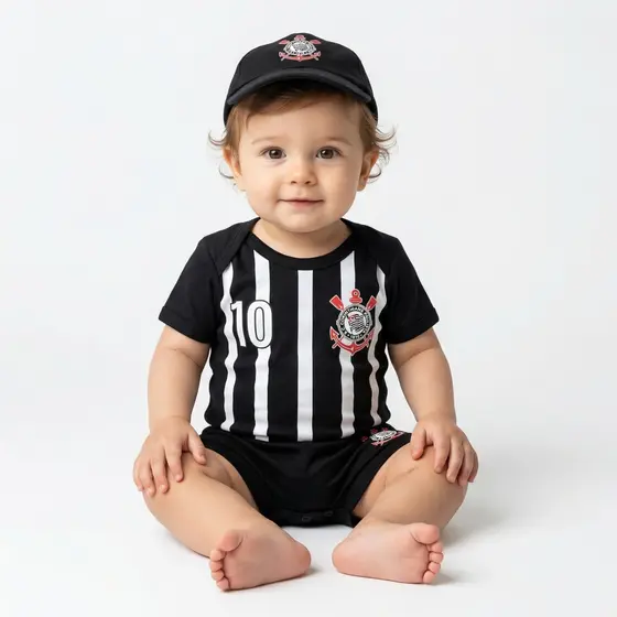 Body Roupa de Bebê Mesversario Corinthians Conjunto Short e Boné Envio Rápido