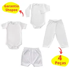 kit 4 peças branco canelado body manga curta e short tapa fralda e body manga longa e calça mojão canelado malha