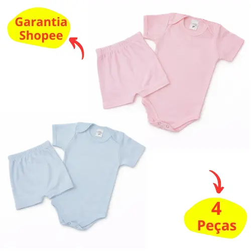 Kit 4 peças Verão Bebê  Body Manga Curta e Short tapa fralda menina menino Malha Canelada Algodão  infantil