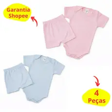 Kit 4 peças Verão Bebê Body Manga Curta e Short tapa fralda menina menino Malha Canelada Algodão infantil
