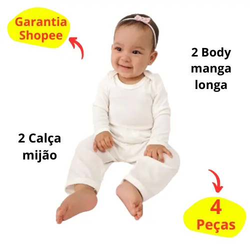 Kit 2 Body Manga Longa + 2 Calça Mijão Bebê  infantil menina menino Tecido de  Algodão Liso canelado