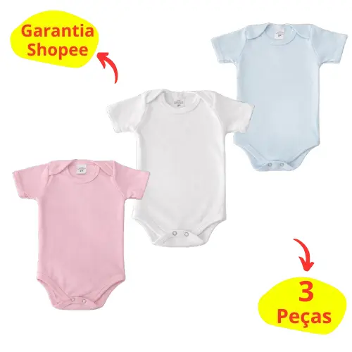 Kit 3 Body Bebe Para Menina e Menino Manga Curta Infantil Malha Canelada Macio
