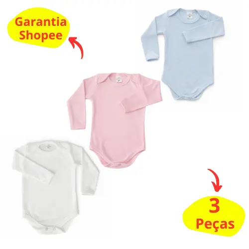 Kit 3 Body Bebê Manga Longa infantil menina menino malha canelada