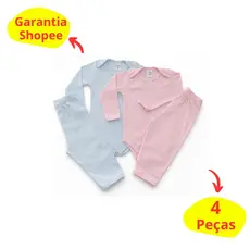 Kit 4 Peças Bebê Body Manga Longa e Calça Mijão Malha Canelada Liso Confortável