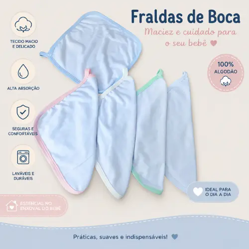 Kit 3 Paninhos de Boca Bebê Babete Naninha 100% Algodão Branco com Borda Colorida menina menino dia a  dia