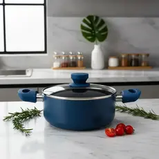 Caçarola Cerâmica Indução 20cm Panela Antiaderente Azul Com Tampa Vidro Fogão Elétrico Vitrocerâmico Gás 2,5L