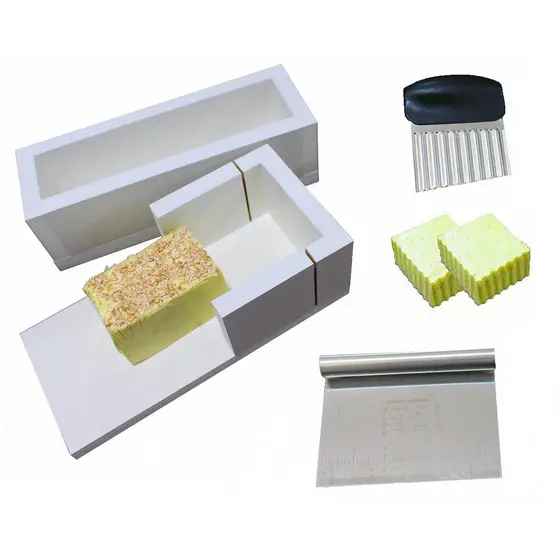 Forma molde para sabonete artesanal 1 kg F1B + cortador barra de 2,5 cm + 2 espatulas(corte e decoração)