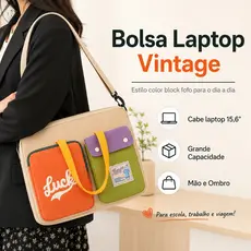 Bolsa Para Notebook Color Block Vintage Grande Capacidade Cabe Laptop 15.6 Polegadas