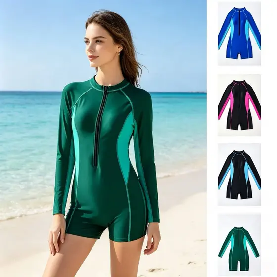 Maiô feminino de manga comprida com zíper frontal, secagem rápida, modelagem justa, ideal para surfe, mergulho com snork