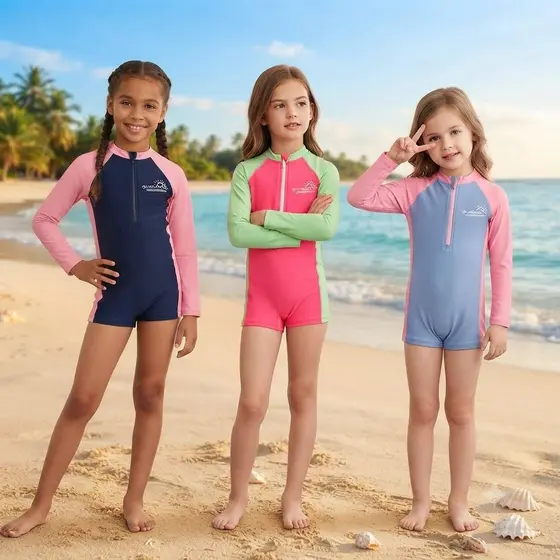 Maiô infantil de manga comprida com proteção solar e fechamento frontal em zíper - Moda Praia