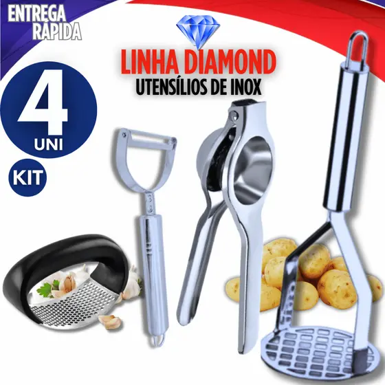 Combo Premium 4 Peças Inox – Espremedor de Alho, Limão, Amassador de Batata e Descascador