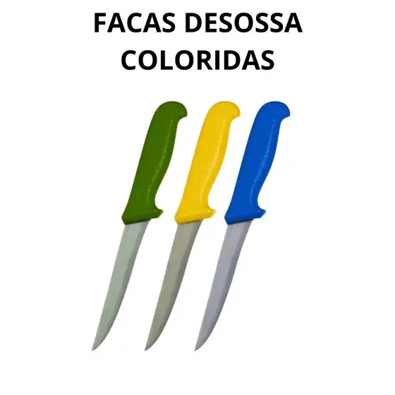 CONJUNTO 3 FACA PARA DESOSSAR 6" AÇO INOX CORES AMARELO AZUL E VERDE