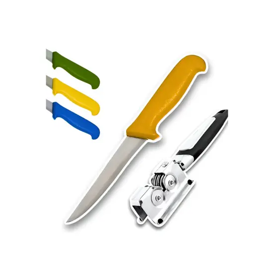 JOGO FACA DESOSSAR AMARELA 6" + AFIADOR AMOLADOR DE FACA INOX PROFISSIONAL
