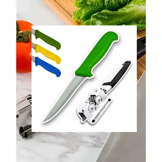 JOGO FACA DESOSSAR VERDE AÇO INOXIDAVEL + AFIADOR AMOLADOR DE FACAS INOX PROFISSIONAL