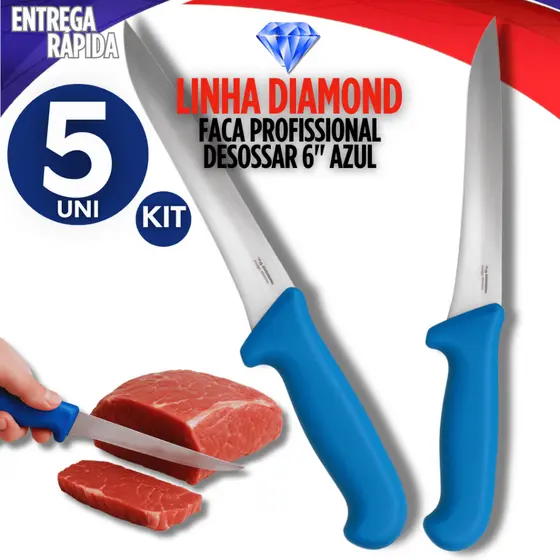 Jogo 5 Faca De Desossar Aço Inox Profissional Azul