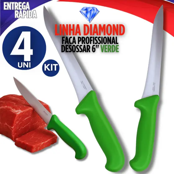 Jogo 4 Faca Desossar Carne Cozinha Açougue 6 Polegadas Inox Cabo Verde Corneta Premium