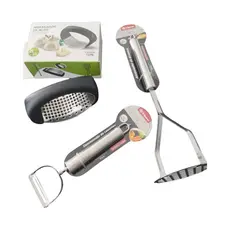 KIT COZINHA 3 EM 1 – AMASSADOR DE BATATA + AMASSADOR DE ALHO + DESCASCADOR DE LEGUMES