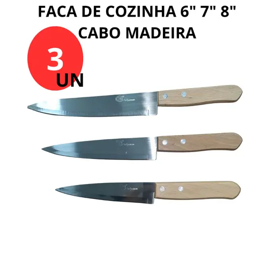 KIT 3  FACAS COZINHA CABO MADEIRA 3 TAMANHOS 6 7 8 POLEGADAS PARA CARNE LEGUMES