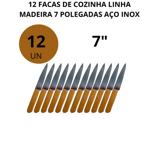 KIT 12 FACAS AÇO INOX CABO MADEIRA 7 POLEGADAS RESTAURANTE CASA COZINHA