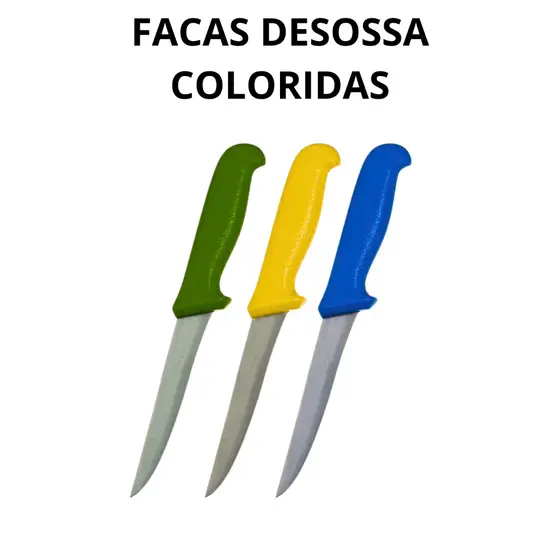 KIT 3 FACA PARA DESOSSAR 6" AÇO INOX CORES AMARELO AZUL E VERDE
