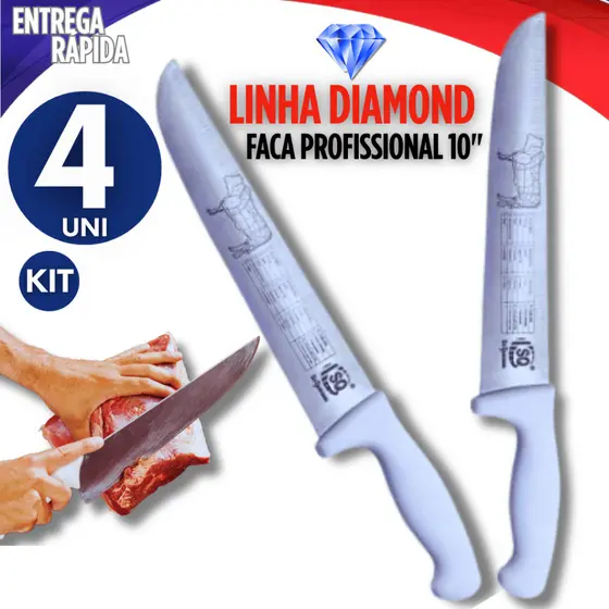 Jogo 4  Facas Cabo Branco 10" Em Aço Inox Profissional Do Açougueiro e Churrasqueiro Para Açougue Qualidade Garantida
