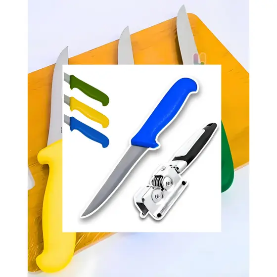 KIT FACA DESOSSA AZUL AÇO INOX + AMOLADOR AFIADOR DE FACA AÇO INOX